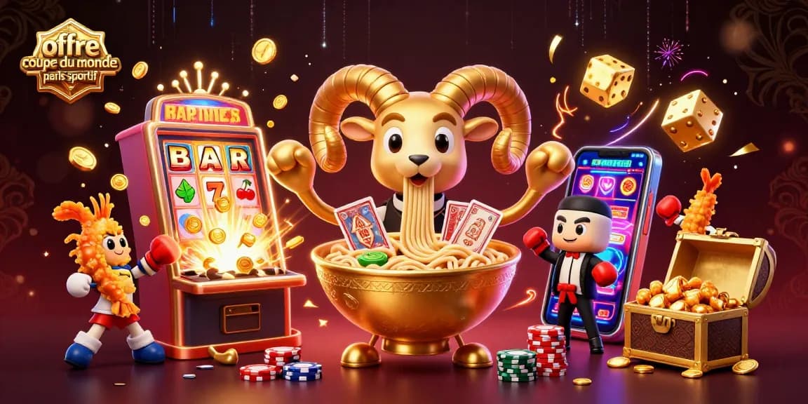 Image dynamique illustrant l'offre de paris sportifs pour la coupe du monde avec des personnages et des éléments de casino.