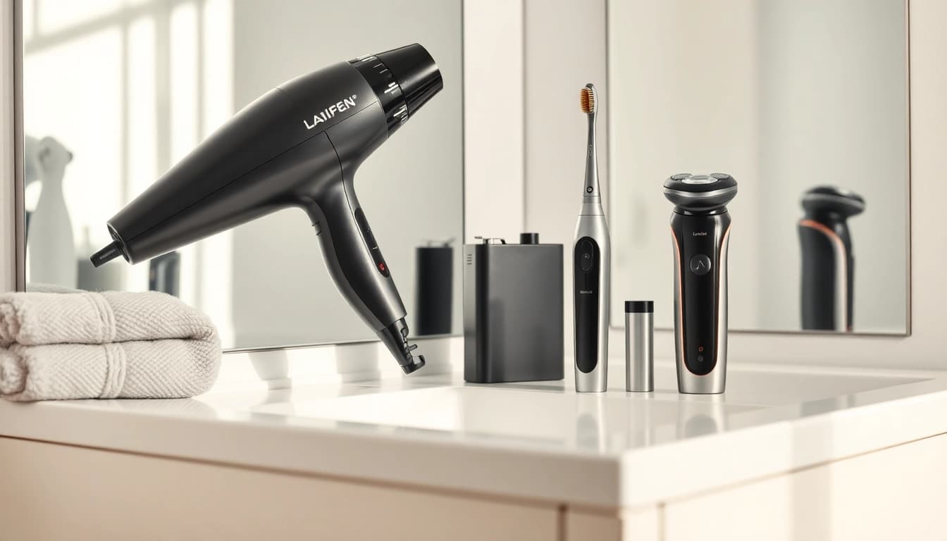 Showcasing Laifen US high-speed hair dryer alongside electric toothbrush and shaver on a modern vanity.