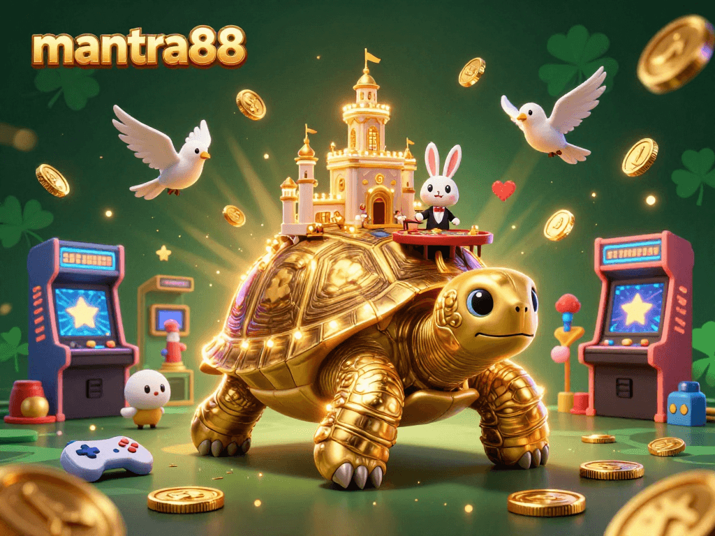 Experience the excitement of mantra88 as golden tortoise casino features a lively dealer and flying coins.