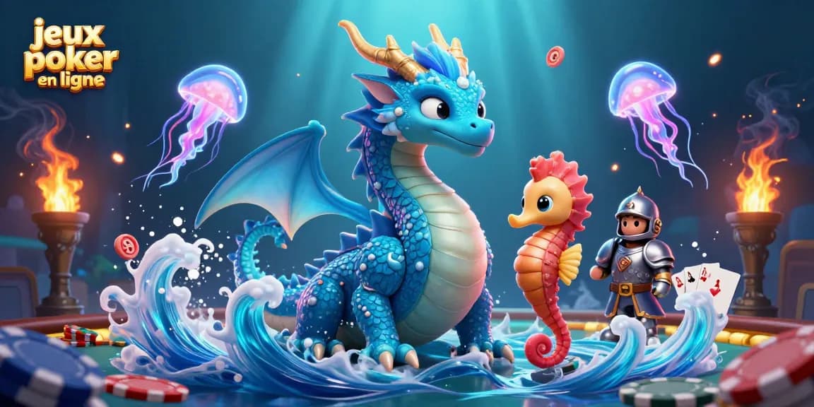Jouer aux jeux poker en ligne avec le dragon azur et le chevalier hippocampe dans un décor vibrant.