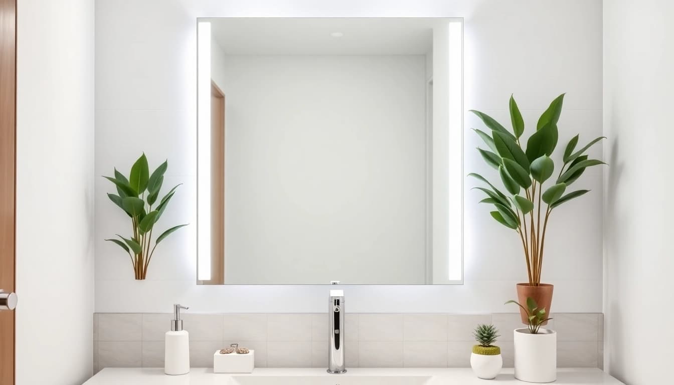 Enhance your beauty routine with this elegant led vanity mirror in a modern bathroom setting.