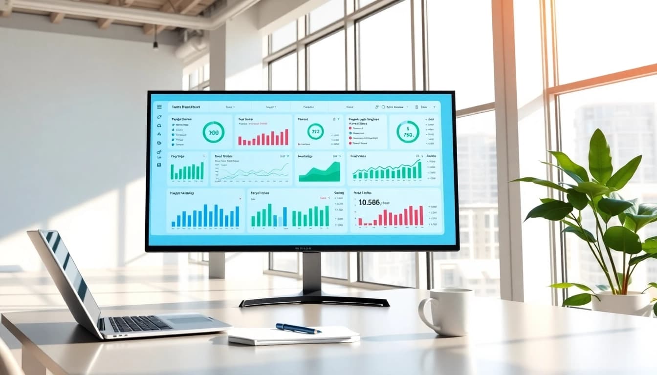 Visualize a unified marketing dashboard for real estate in a modern office setting.