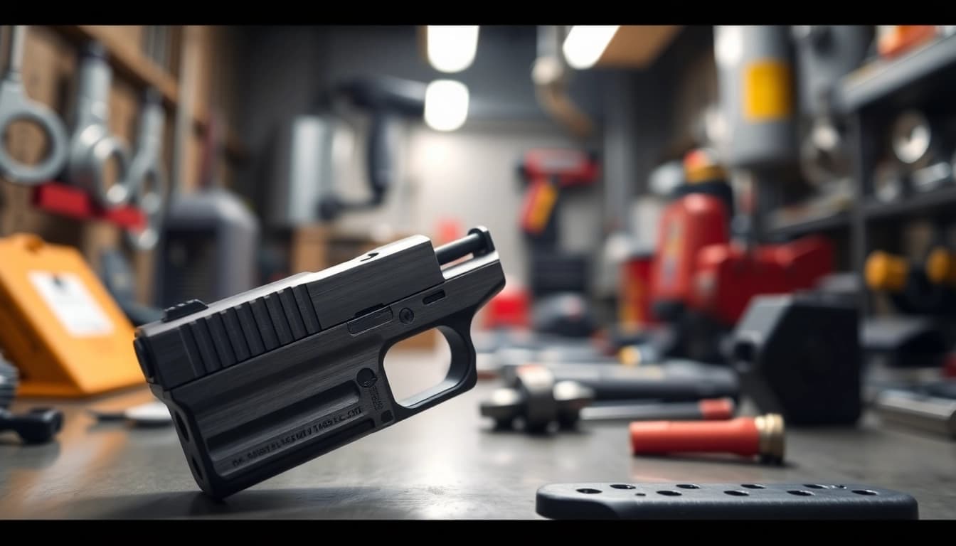 Examine the glock 43x mos oem slide showcasing its precision and craftsmanship in a workshop setting.