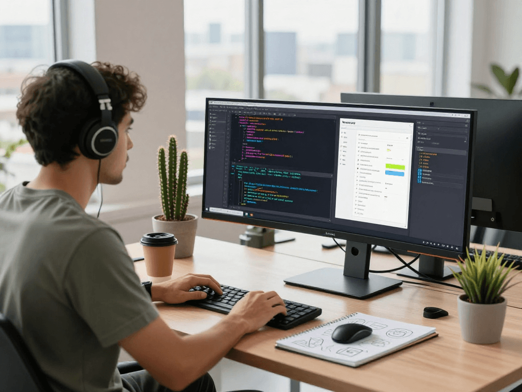 mantra88 login scene with a developer coding at dual monitors in a vibrant workspace