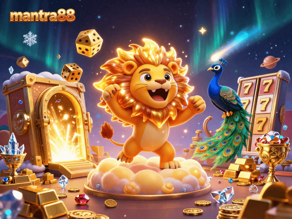 Experience thrilling wins with mantra88 in this vibrant 3D casino illustration, showcasing jackpots and shimmering treasures.