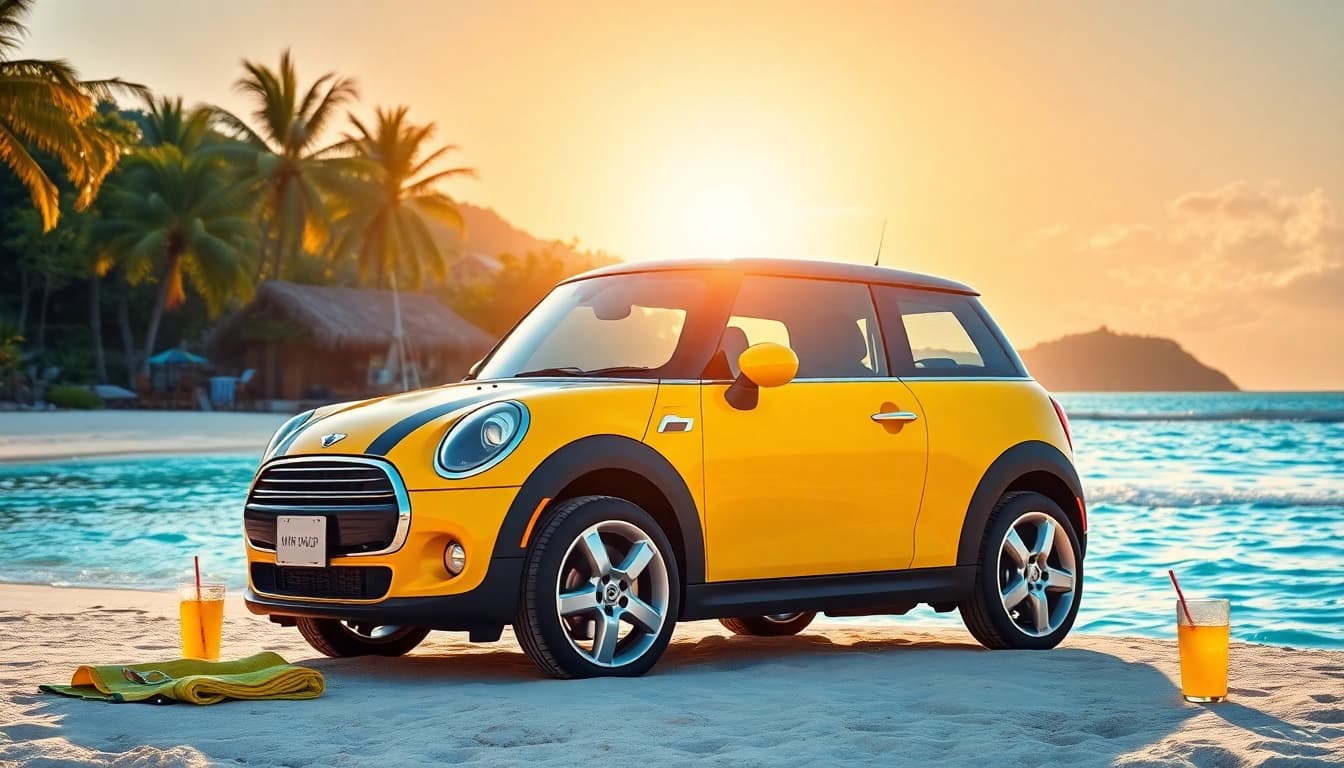 Capture the beauty of a st barths mini cooper rental parked on a serene beach with stunning views.