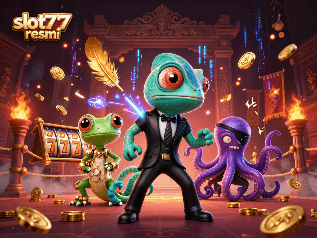 Experience excitement with slot777 resmi showcased in a vibrant 3D digital gambling scene.