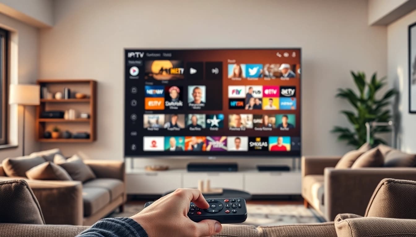 Engaging display of free trial iptv services on a large screen in a modern living room.