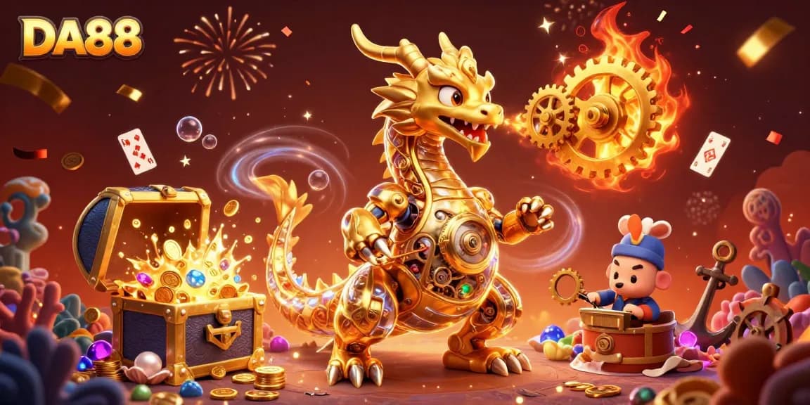 DA88 showcases a unique golden dragon amidst treasures and gaming elements in a vibrant 3D scene.