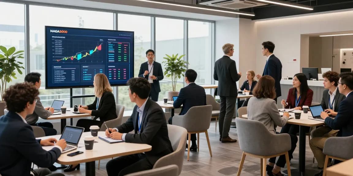 Dynamic conference scene showcasing NAGA2000 branding in a modern fintech environment.