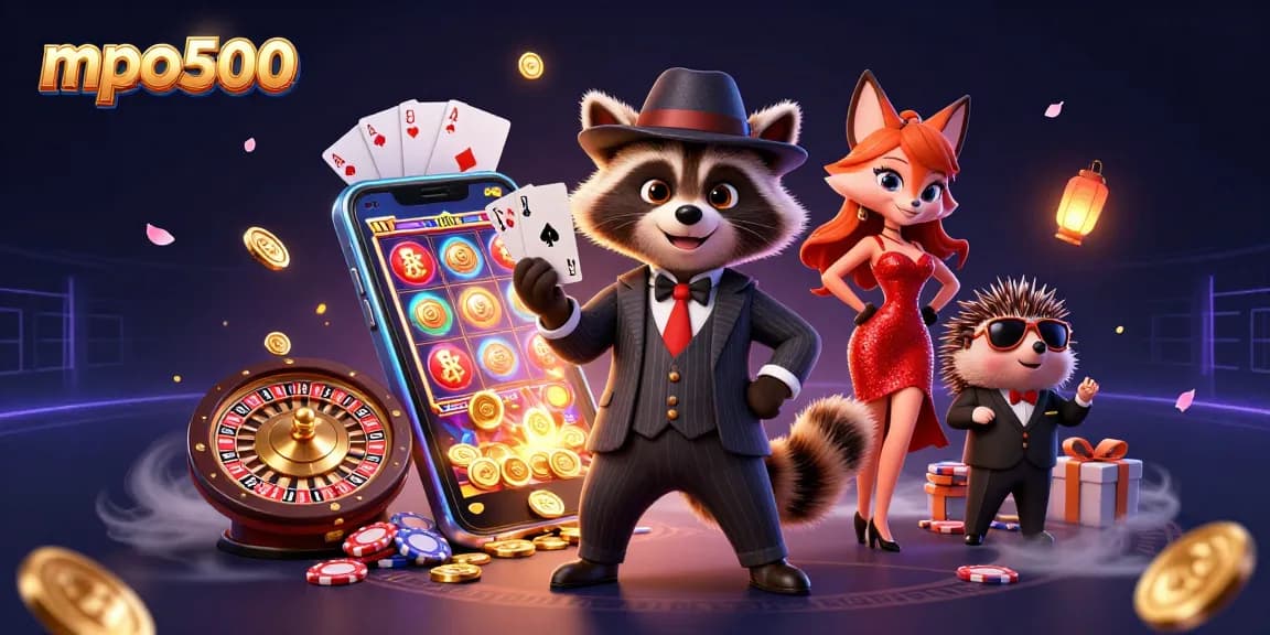 Experience high-stakes excitement with mpo500, featuring charismatic characters in a vibrant casino scene.