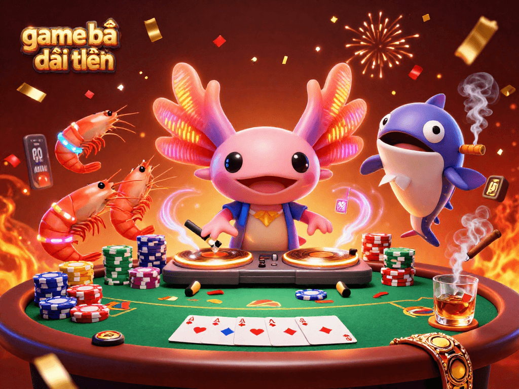 Immerse in the action of game bài đổi thưởng with a colorful 3D casino scene featuring energetic axolotl DJ, poker elements, and vibrant characters.