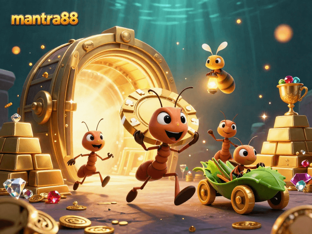 Engage with mantra88 as 3D ants steal golden poker chips in a vibrant casino heist scene!