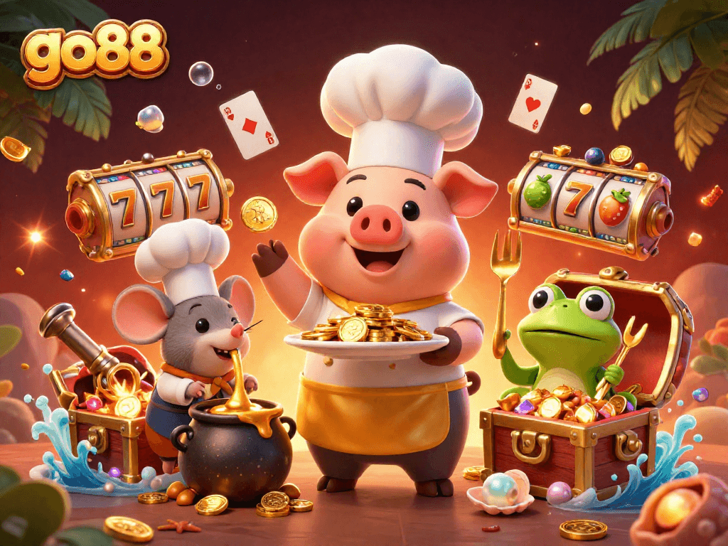 Engage in fun at go88 with a chef pig serving gold coins amidst lively casino elements.