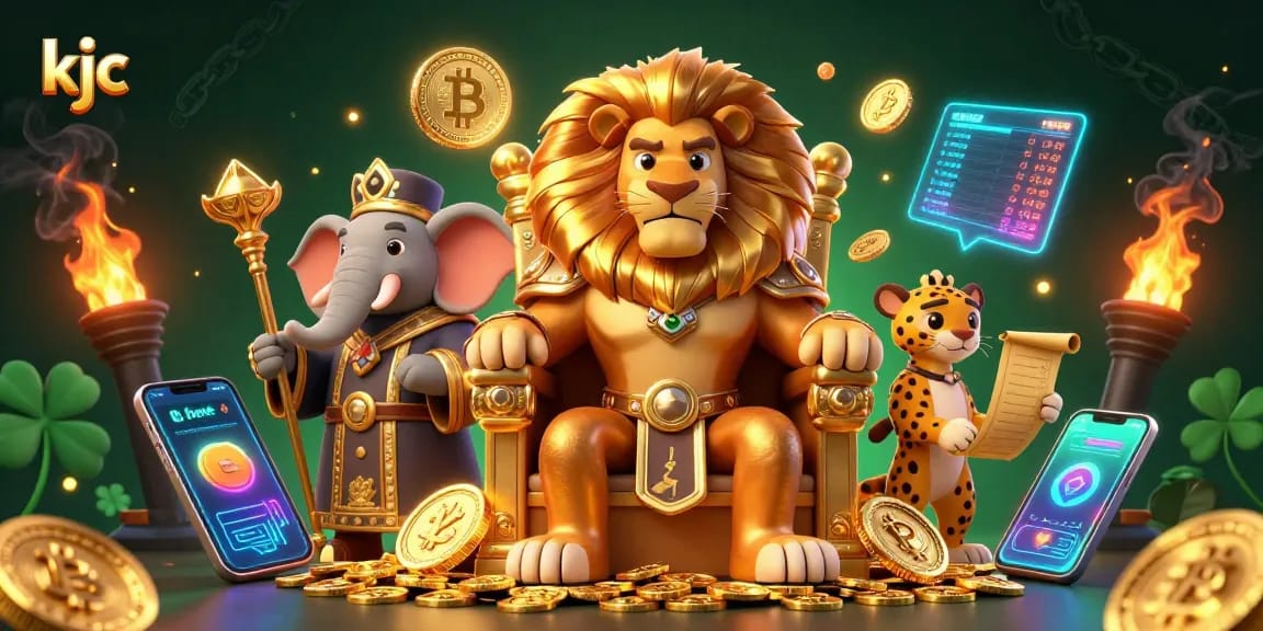 Engage with the dynamic KJC casino illustration featuring a royal lion and crypto symbols.
