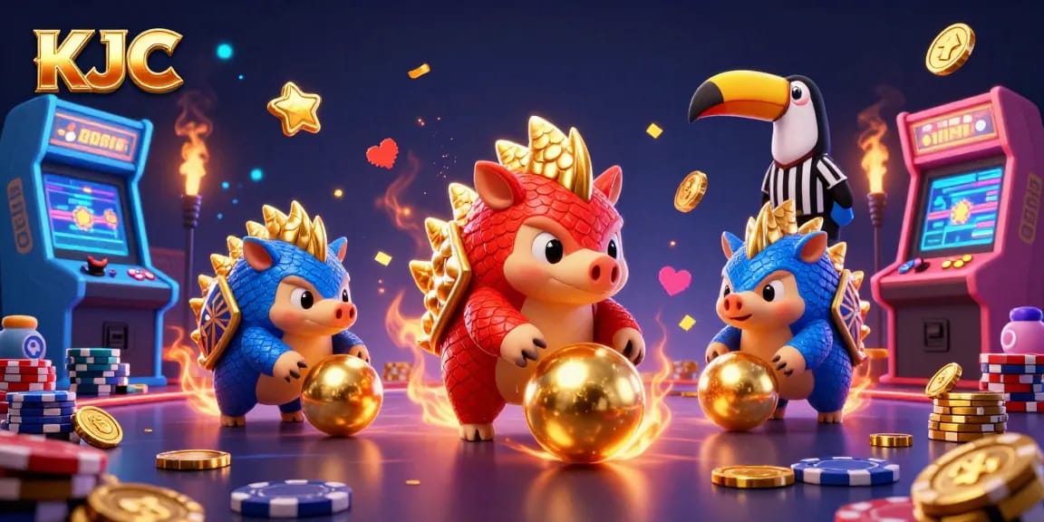 KJC pangolins compete in a vibrant casino scene filled with poker chips and arcade elements.