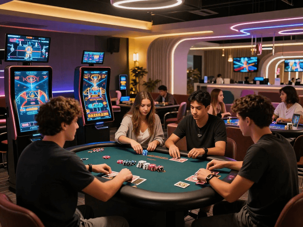 Crypto casino gaming lounge with friends enjoying digital table games and vibrant atmosphere.