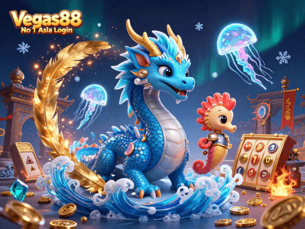Engage with Vegas88 No 1 Asia Login's thrilling slot experience amidst magical creatures and vibrant casino elements.