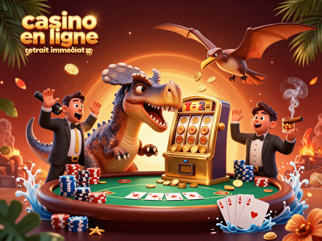Illustration dynamique de casino en ligne retrait immédiat : un pachycephalosaurus et un ankylosaure dans un casino jouant au jackpot.