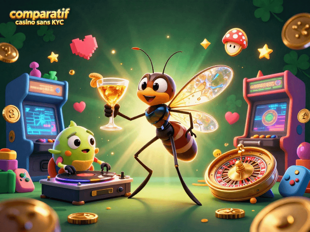 Comparatif casino sans KYC : illustration d'un moustique mascotte de casino et éléments de jeu