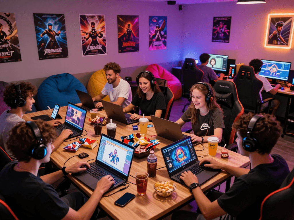 Exciting group playing sex games together in a vibrant gaming lounge with colorful lights.