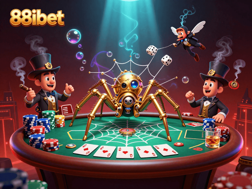 88ibet showcases a vibrant 3D steampunk casino scene with intricate gold webbing and playful characters.