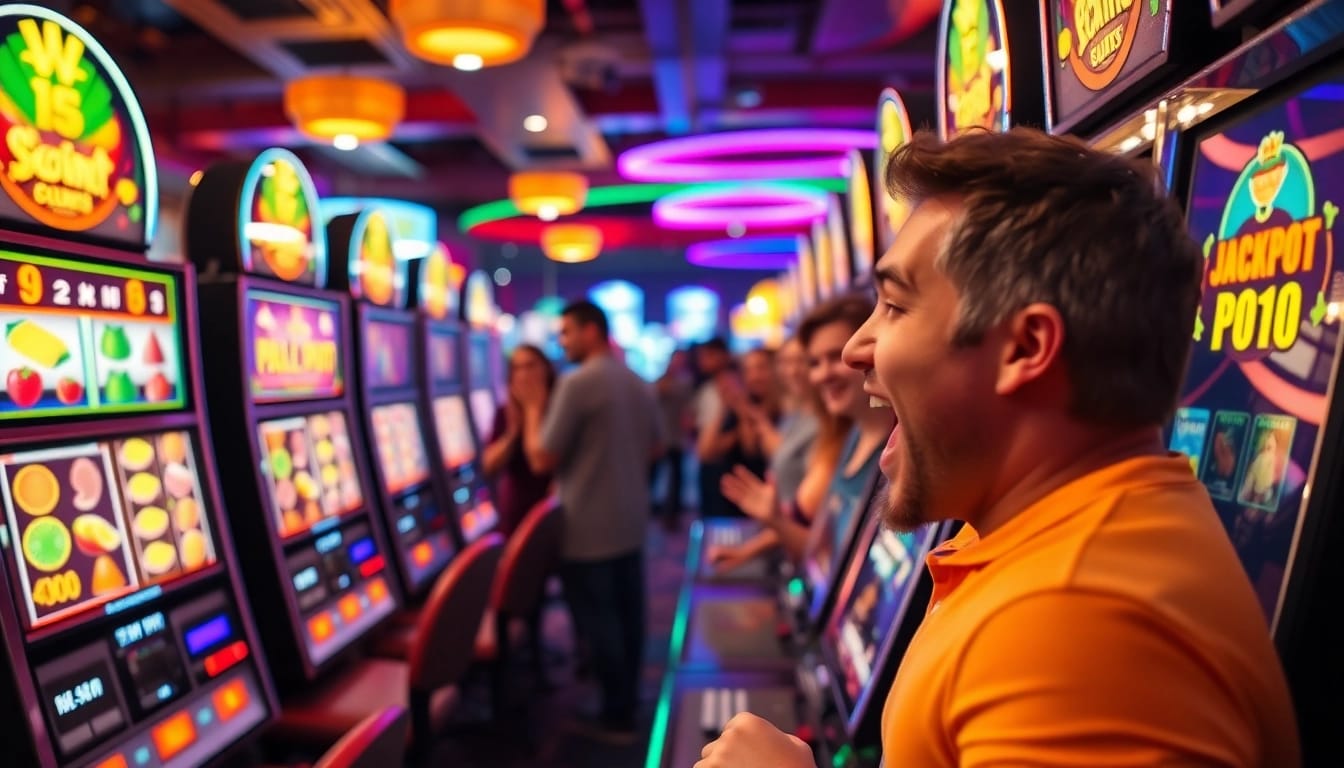Experience excitement in slot gambling with vibrant machines and a thrilled player.