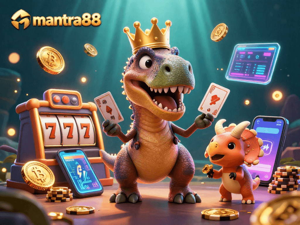 Experience thrilling gameplay at mantra88 with a friendly T-Rex shuffling cards and crypto coins illuminating the casino scene.