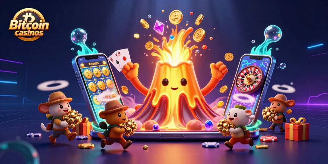 Jouer à des casinos Bitcoin avec un volcan doré et des animaux chasseurs de trésors, entouré de jeux