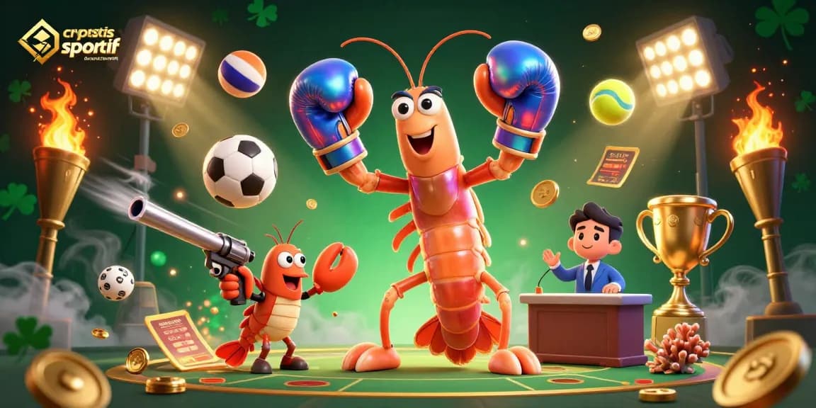 Placer des paris sur un site de paris sportif en cryptomonnaies avec des personnages sous-marins et des éléments sportifs animés.