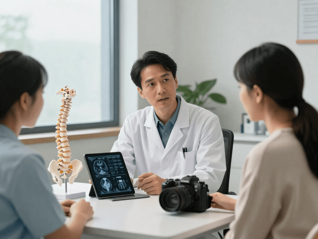 Boyun fıtığı ameliyatı consultation with a surgeon using MRI scans for patient education.