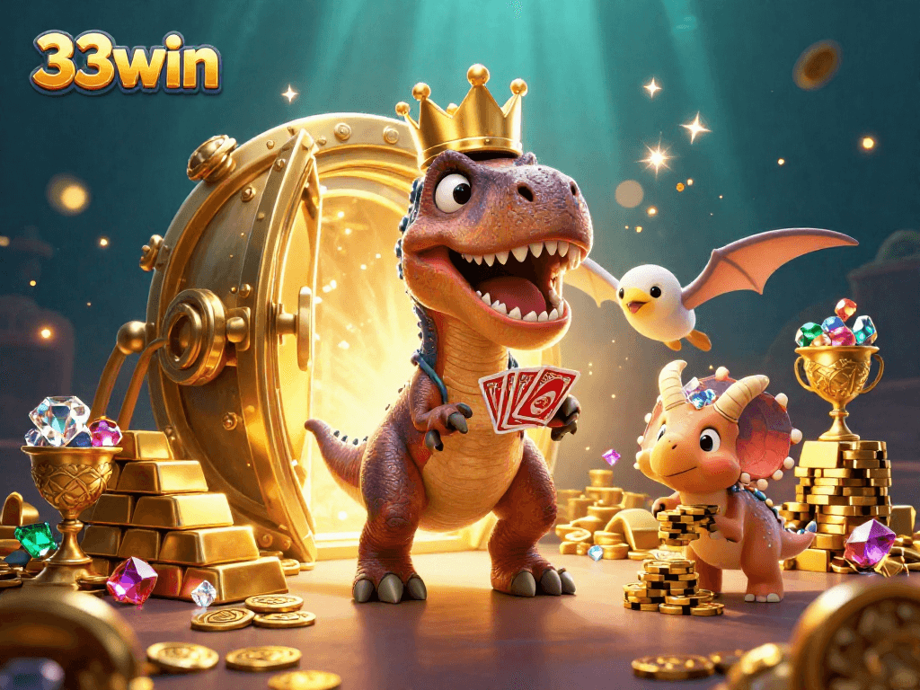 Experience exciting gameplay with 33win featuring a dinosaur-themed casino scene.