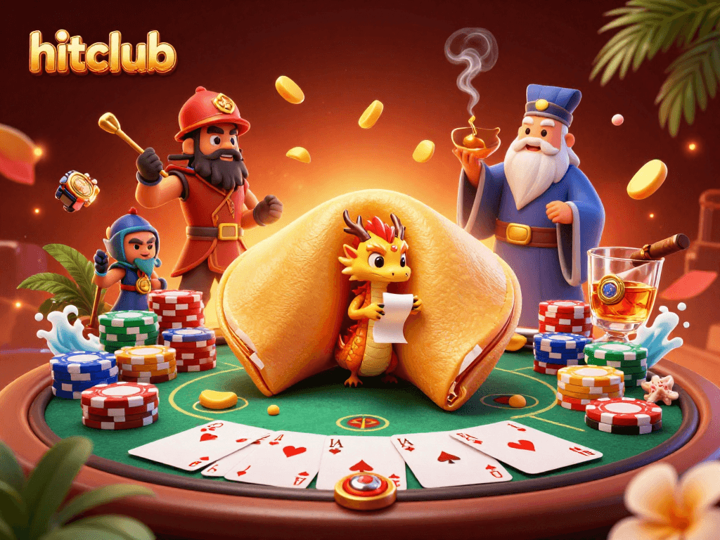 hitclub showcases an ultra-detailed casino scene featuring a giant fortune cookie and dragon, with vibrant poker elements.