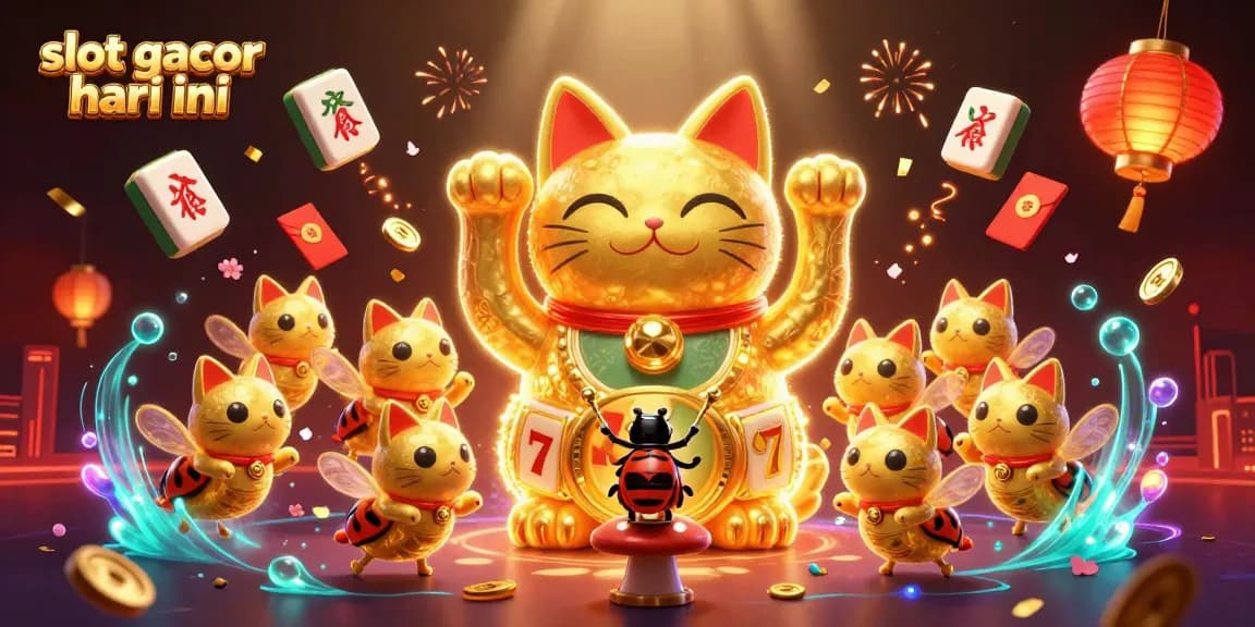 Raih kemenangan dengan slot gacor hari ini yang menampilkan kucing keberuntungan dan simbol kasino yang menarik.