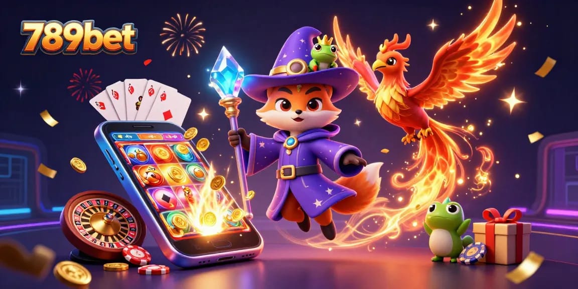 Play an enchanting slot game with 789bet, featuring a magical wizard, phoenix, and magical casino elements.