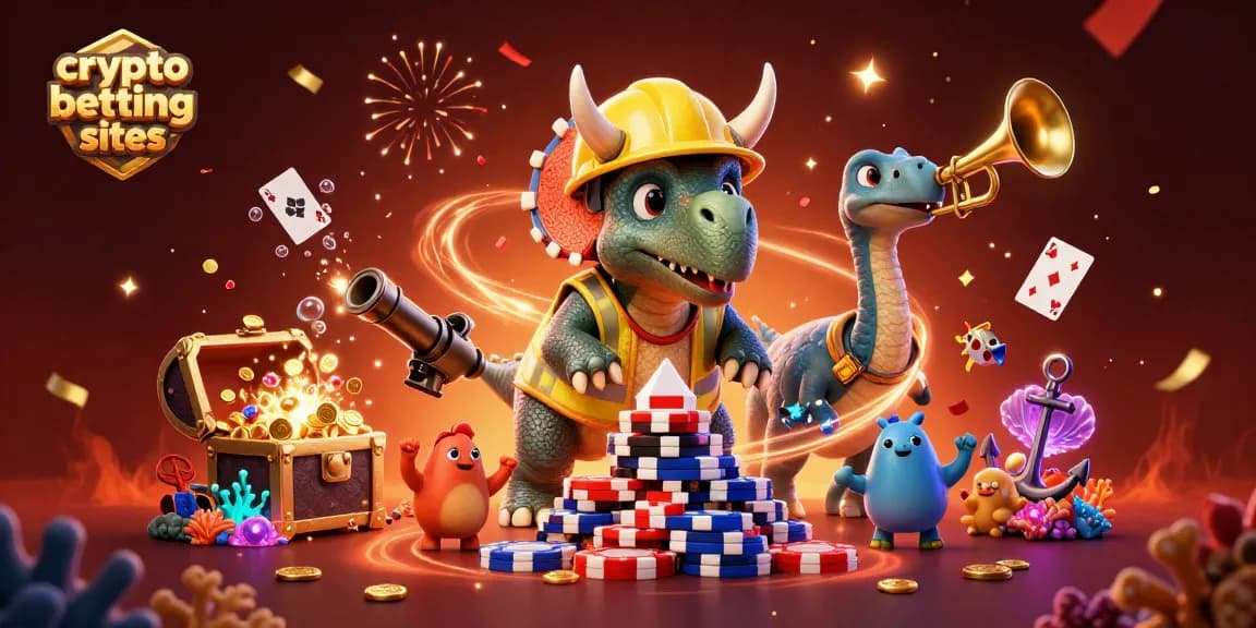 Jouez sur des sites de paris en crypto avec une illustration festive de dinosaures célébrant au milieu de jetons de poker et de trésors sous-marins.