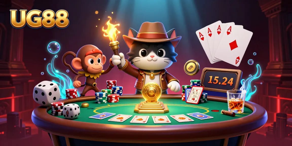 Experience the thrilling energy of UG88 as an explorer uncovers casino treasures amid vibrant gaming elements.