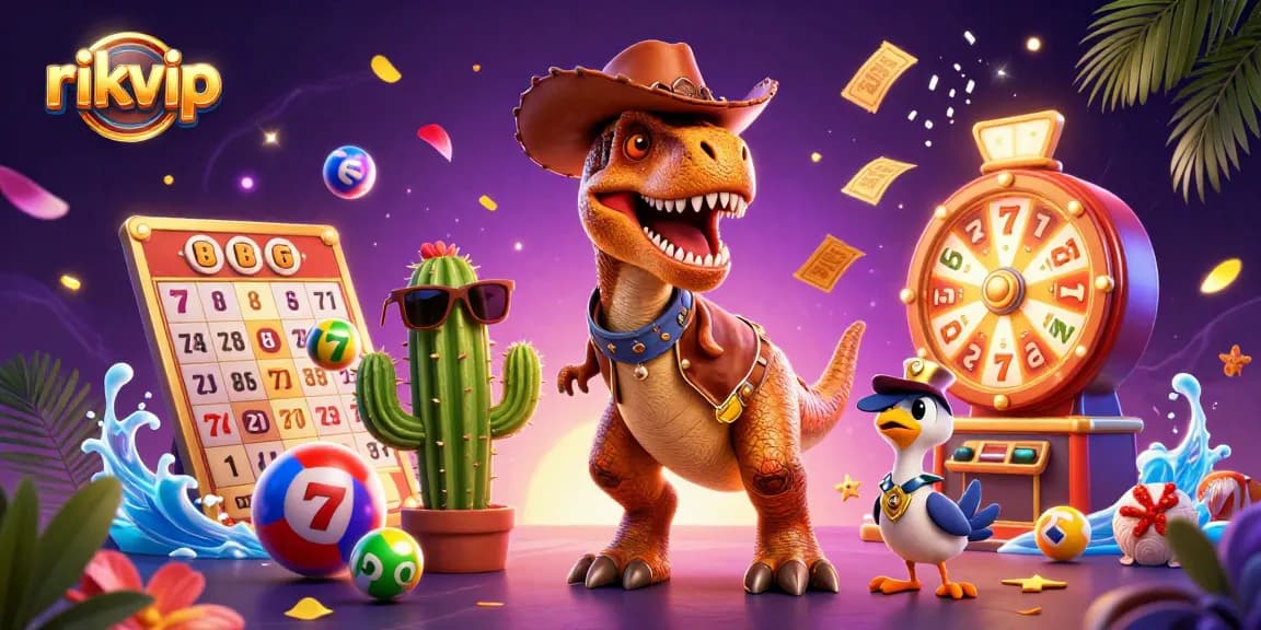Win big in the rikvip casino with a vibrant backdrop featuring colorful slots and playful characters.