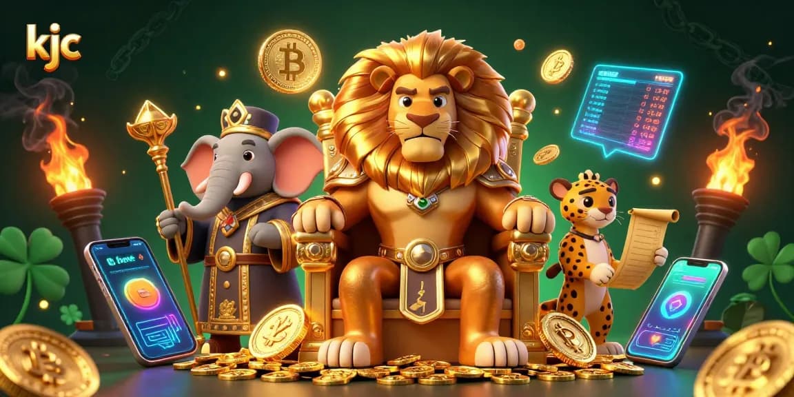 Engage with the dynamic KJC casino illustration featuring a royal lion and crypto symbols.