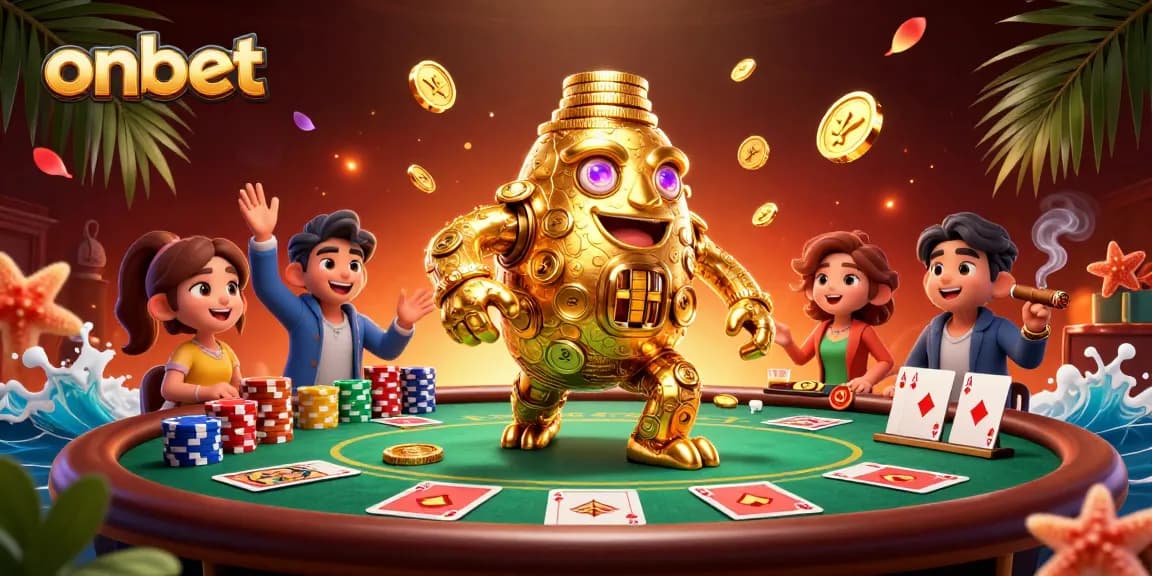 Experience thrilling games at onbet with gem-eyed golden golem and vibrant poker elements.