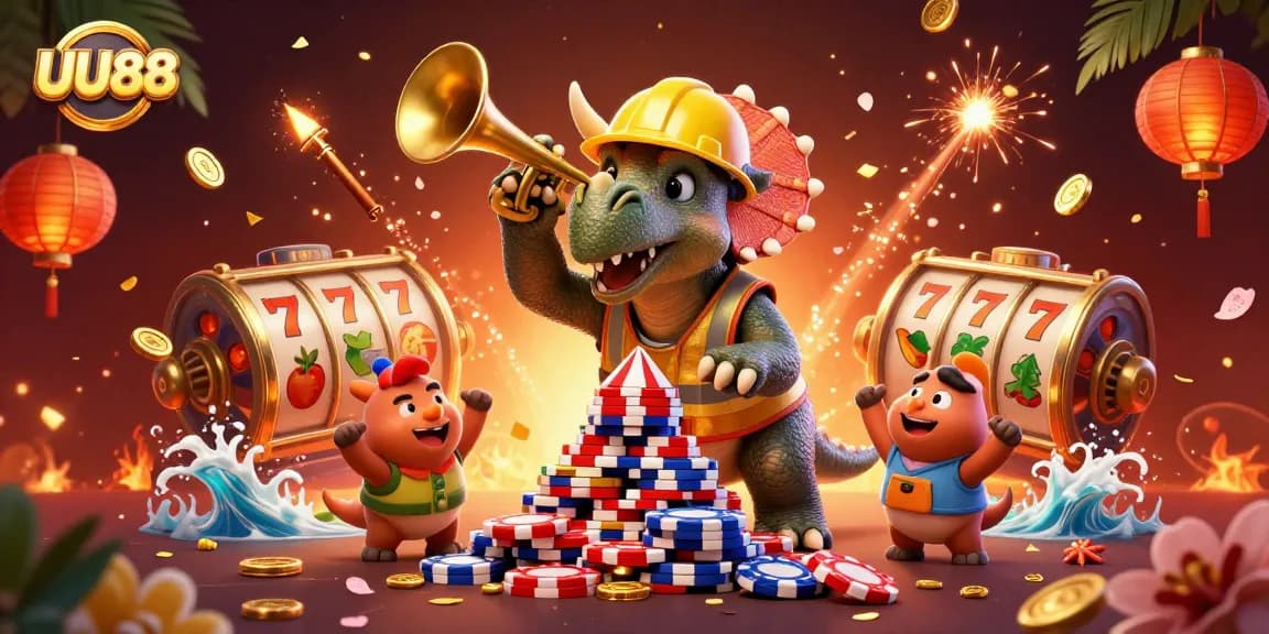 Engage in exciting gambling action at UU88 with a lively 3D casino scene featuring vibrant characters and slot reels.