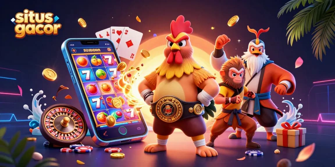 Engage with situs gacor in a vibrant scene featuring dynamic casino elements and colorful characters.