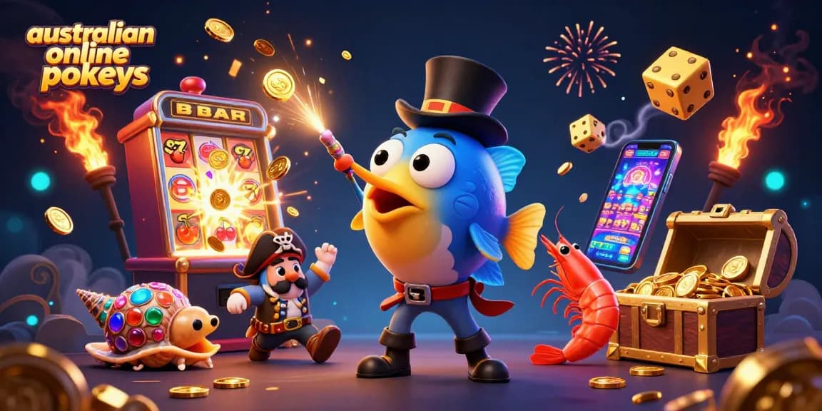 Play australian online pokies with vibrant characters and exciting casino elements in a colorful scene.