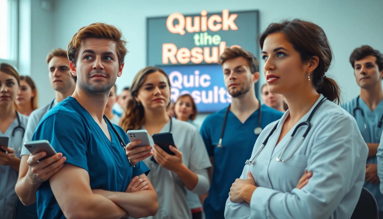 Reveal Past Nclex fast results to anxious nursing candidates in a bright examination setting.