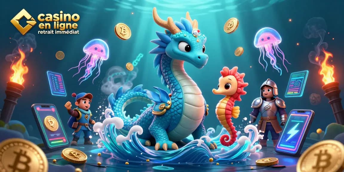 Jouez au casino en ligne retrait immédiat avec cette illustration captivante incluant un dragon et des créatures marines.