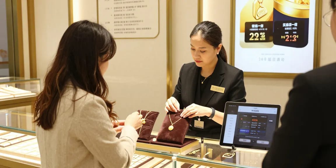 Engaging customer interaction at a gold jewelry shop, showcasing the mantra88 login interface for buyers.
