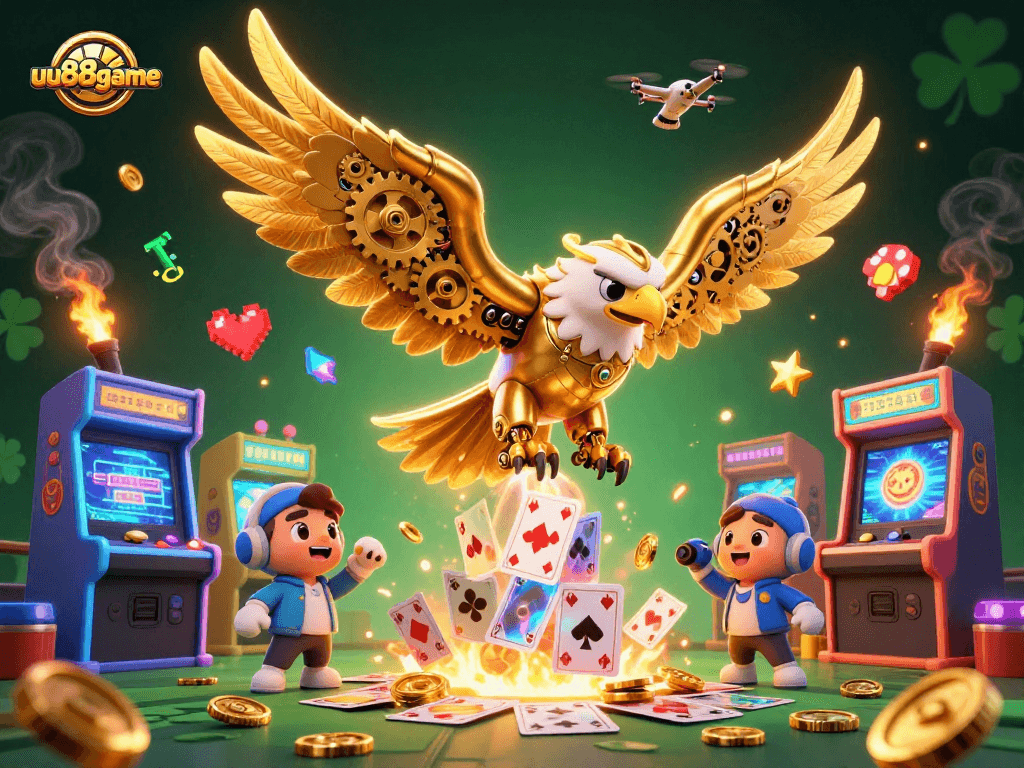 Experience excitement as the uu88game features a cybernetic eagle diving through holographic cards in a vibrant casino scene.