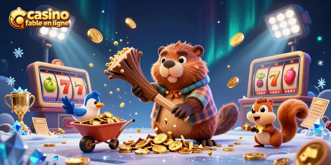 Un casino fiable en ligne animé où un castor coupe un arbre qui fait pleuvoir des pièces d'or.