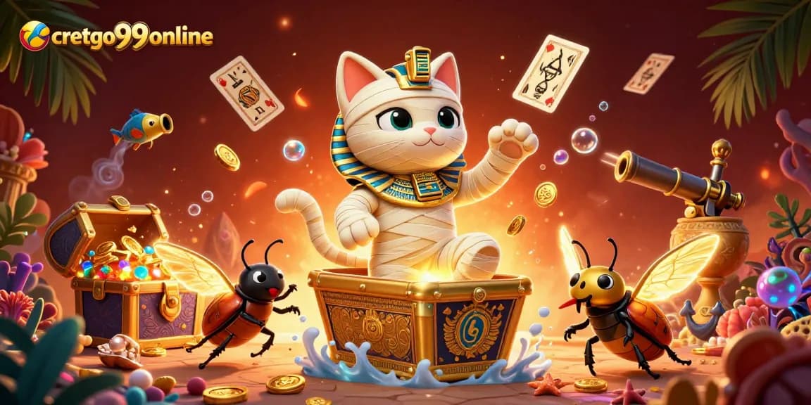 Cretgo99online showcases an Egyptian mummy cat and scarab in a bustling pyramid casino!