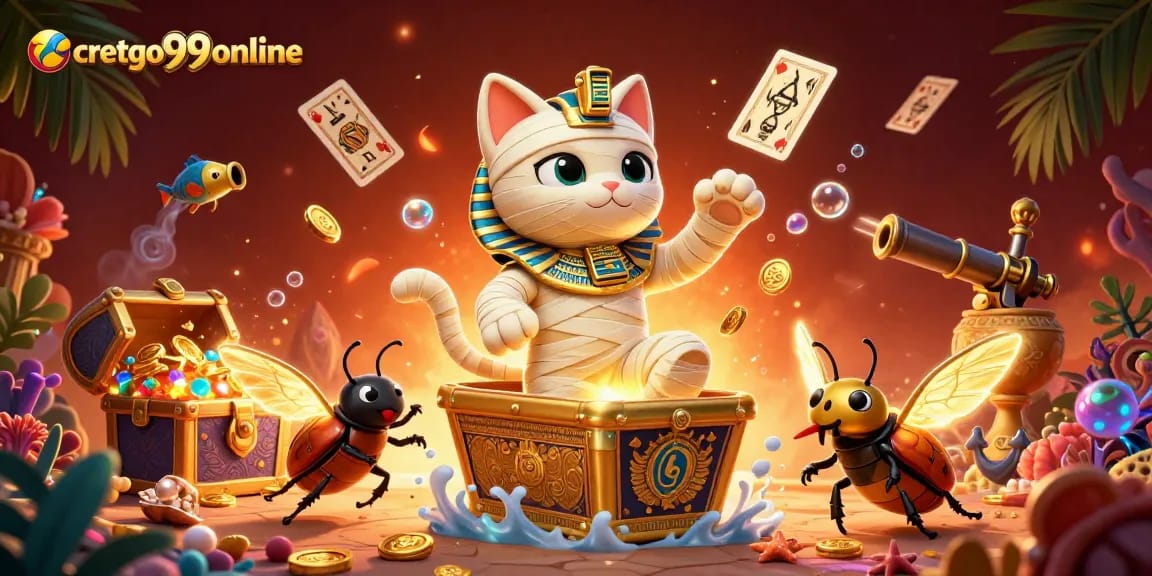 Cretgo99online showcases an Egyptian mummy cat and scarab in a bustling pyramid casino!